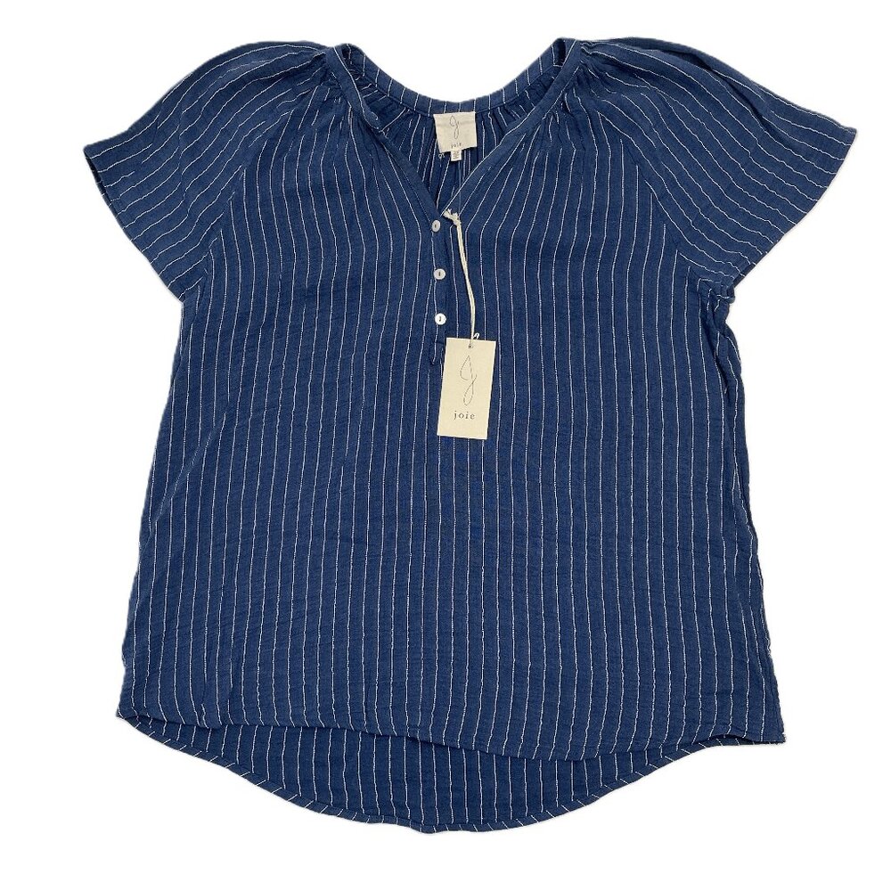 Joie Peasant Blouse Women’s Plus Sz 2X Blue Stripe Short Sleeve Crinkle Cotton